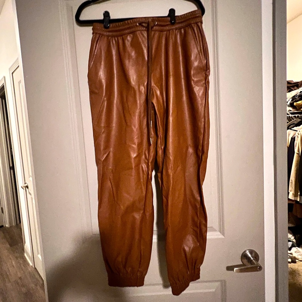 Faux brown leather joggers